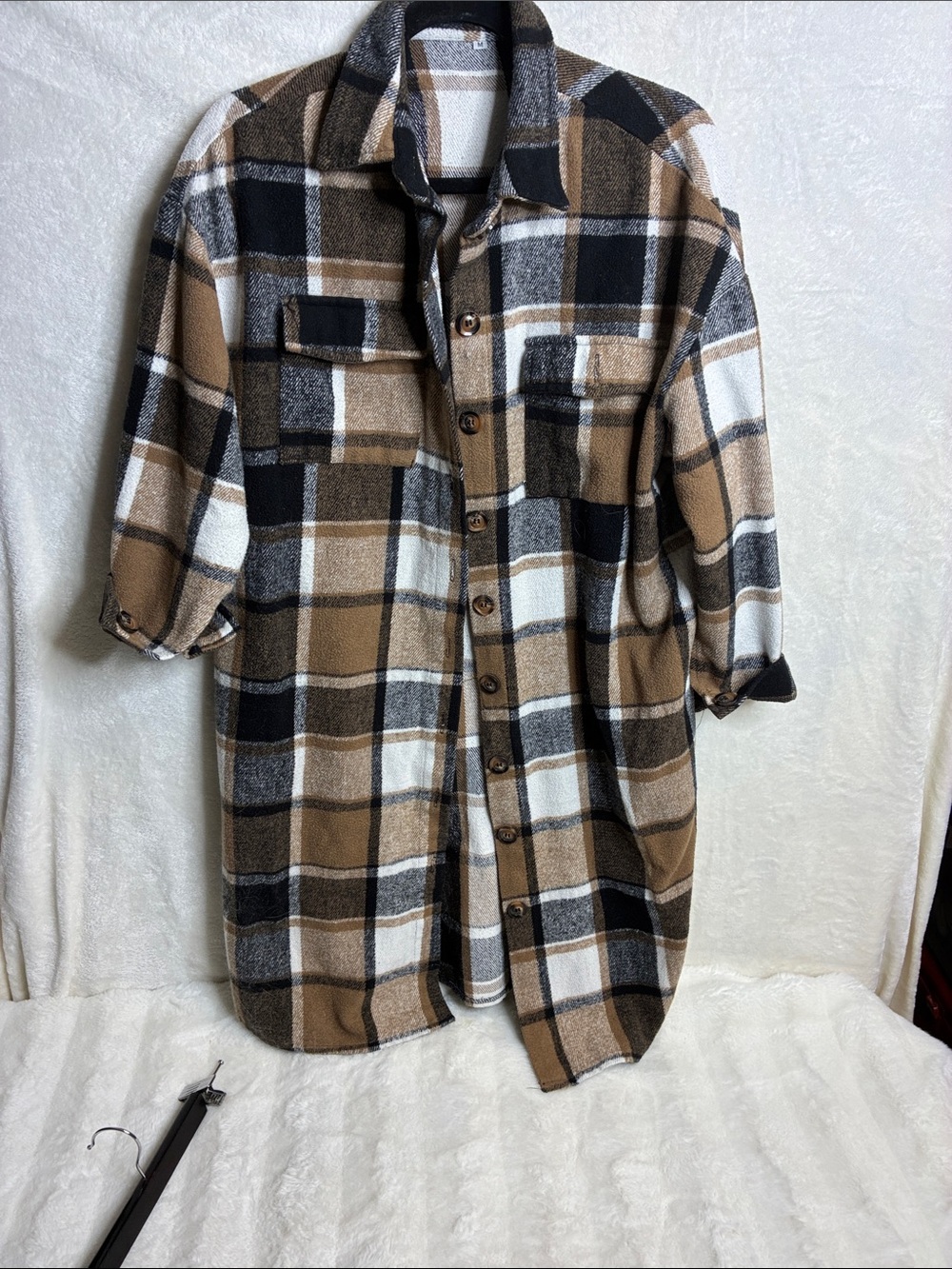 Woman’s Plaid Button-Down Shacket - Brown/Black/White